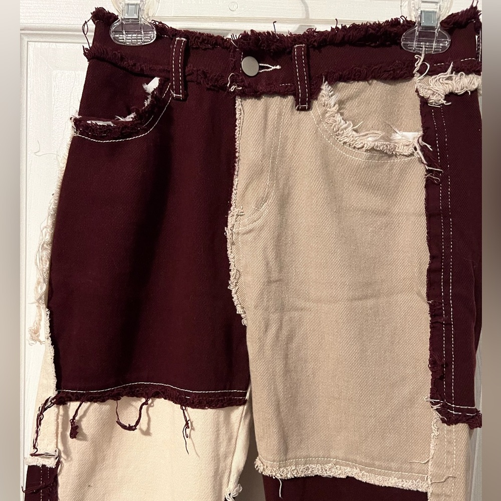 Ladies patchwork pants denim jeans burgundy and cream sz 10